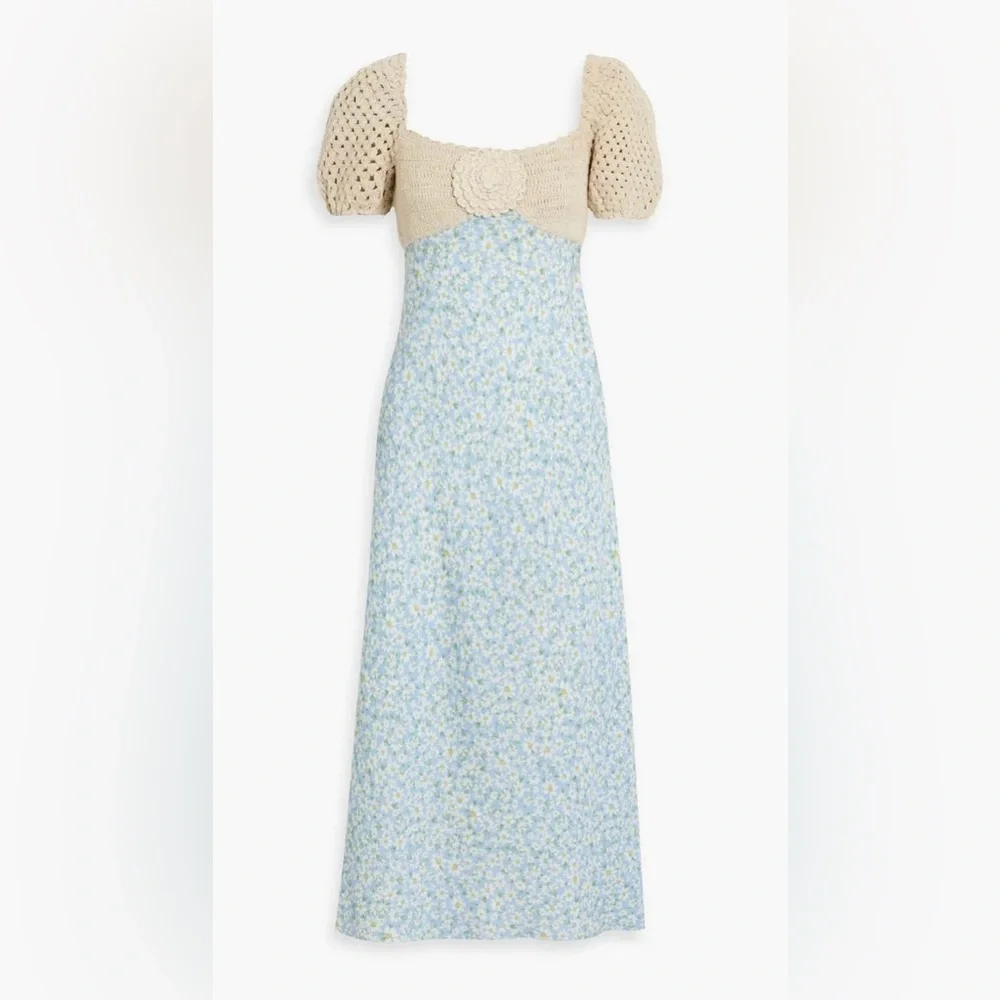 Rixo London Sardinia Crochet Knit Floral Maxi Dress in Cream and Light Blue - Picture 1 of 10